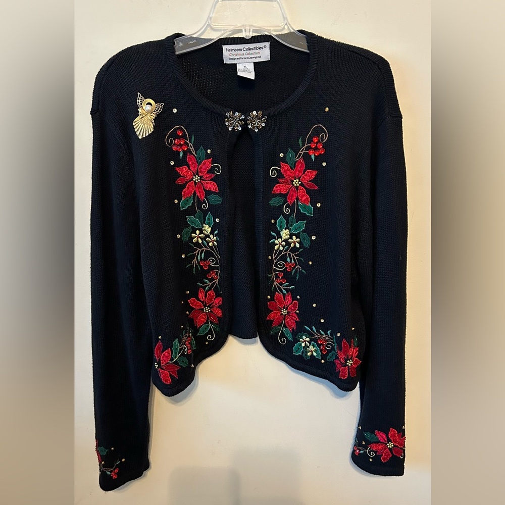 Heirloom Collectibles vintage crop sweater cardigan Size XLâ Holidays Poinsettia